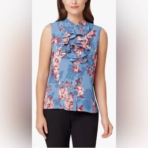 Tahari ASL Womens Floral Print Ruffled Button-Down Top- Size Small-New with Tags
